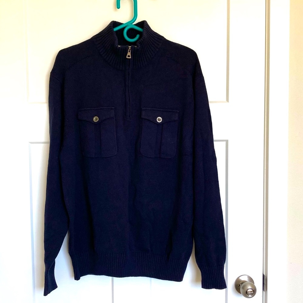 NWT Weatherproof Men Navy 1/4 Zip up Sweater, Size L, 100% Cotton, Made in China